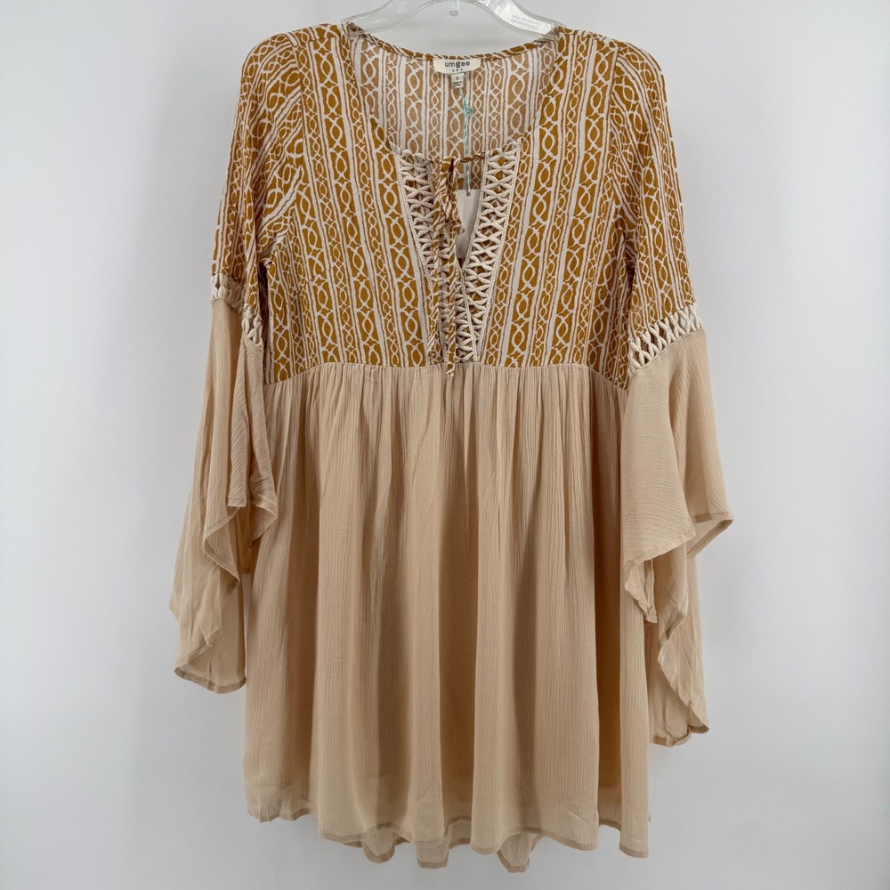 Umgee Tunic Top Womens Small Beige Mustard Yellow Boho Crochet Bell Sleeve G0487